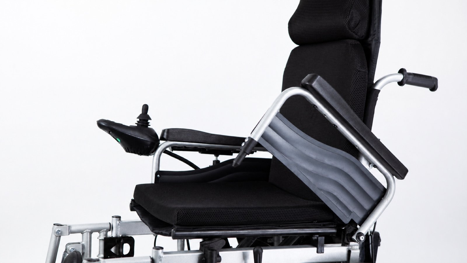 Electric wheelchair shown in a clear studio product view