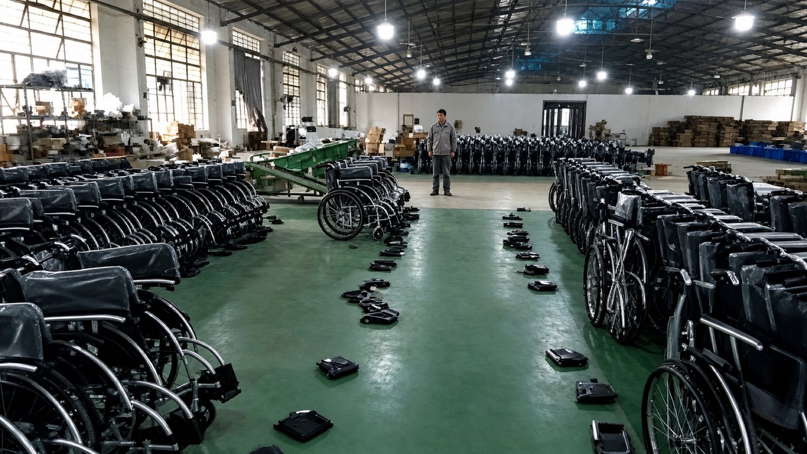 Wheelchair production and finished-goods area inside the SANYANG factory
