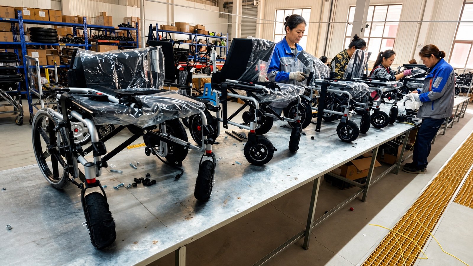 Technicians assembling wheelchairs on the production line