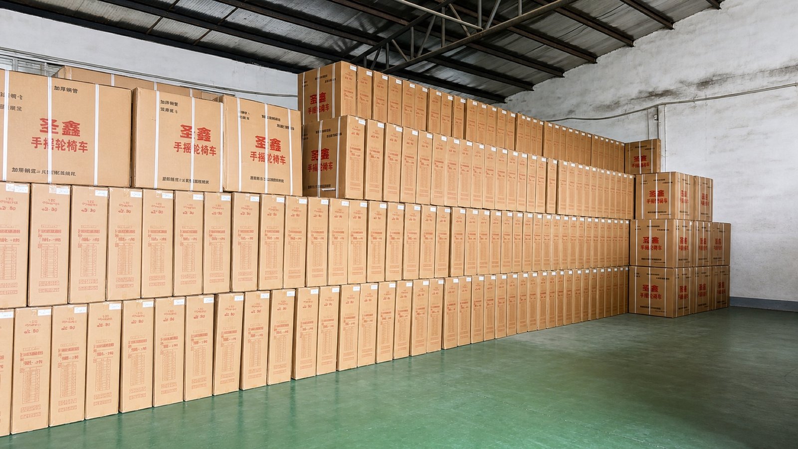 Wheelchair cartons staged for Middle East shipment planning