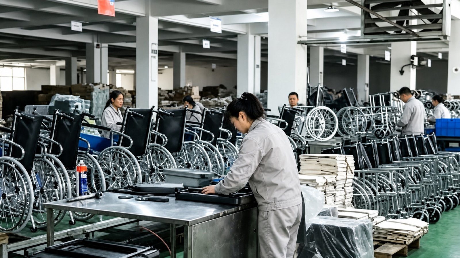 Technician reviewing a wheelchair during production