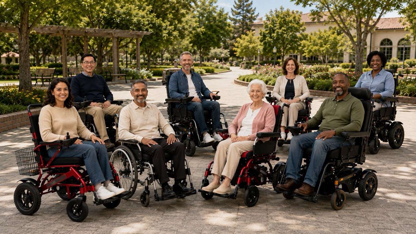 Group of wheelchair users gathered in an accessible garden courtyard