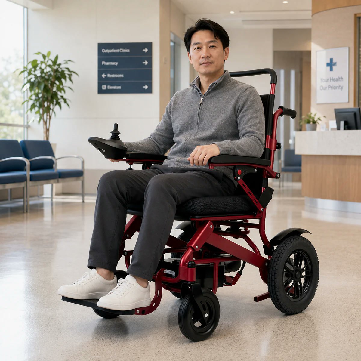 Man using a red electric wheelchair in a bright clinic reception area