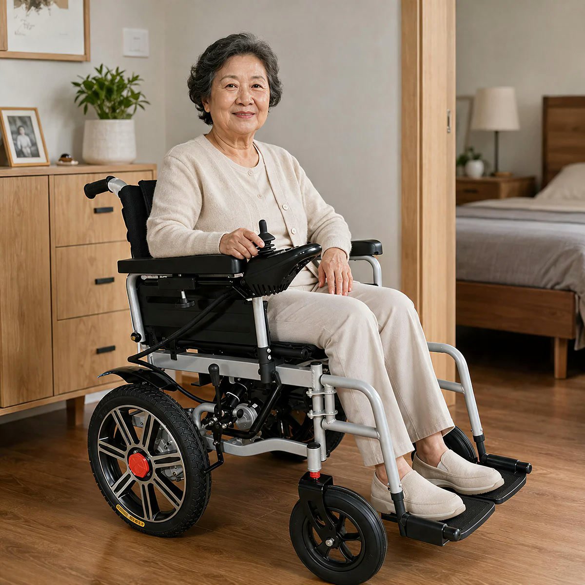 Older woman using a silver electric wheelchair in a home setting