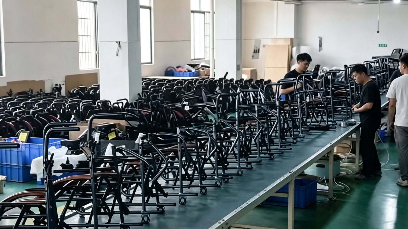 Wheelchair frames moving through a staffed assembly line