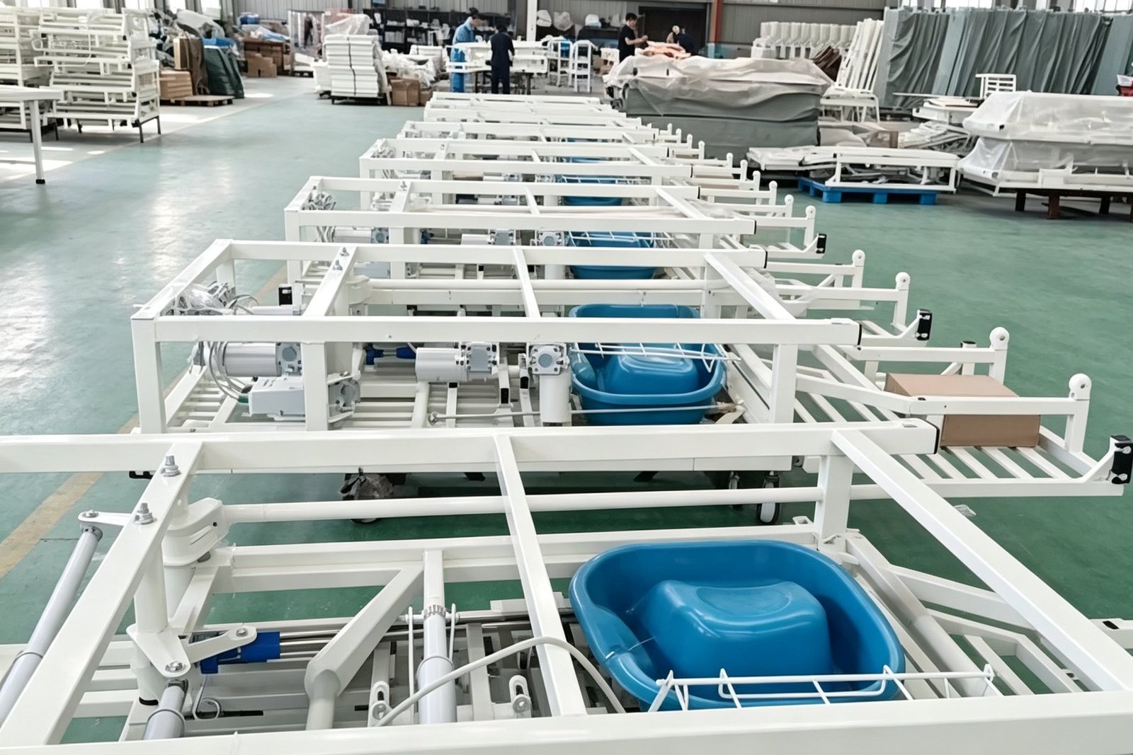 Prepared wheelchair frame assemblies awaiting the next process