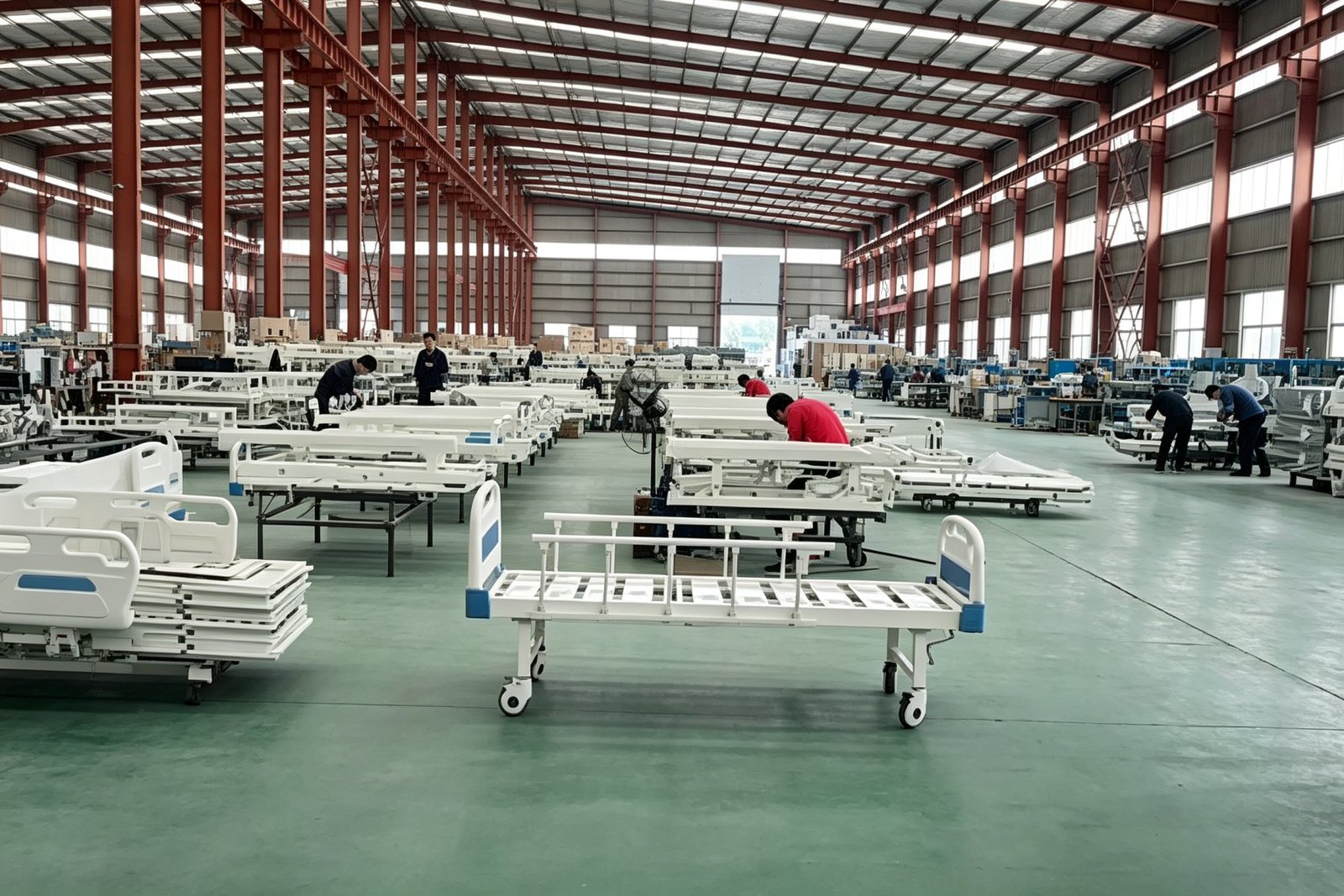 Wheelchair frame structures arranged across the factory floor