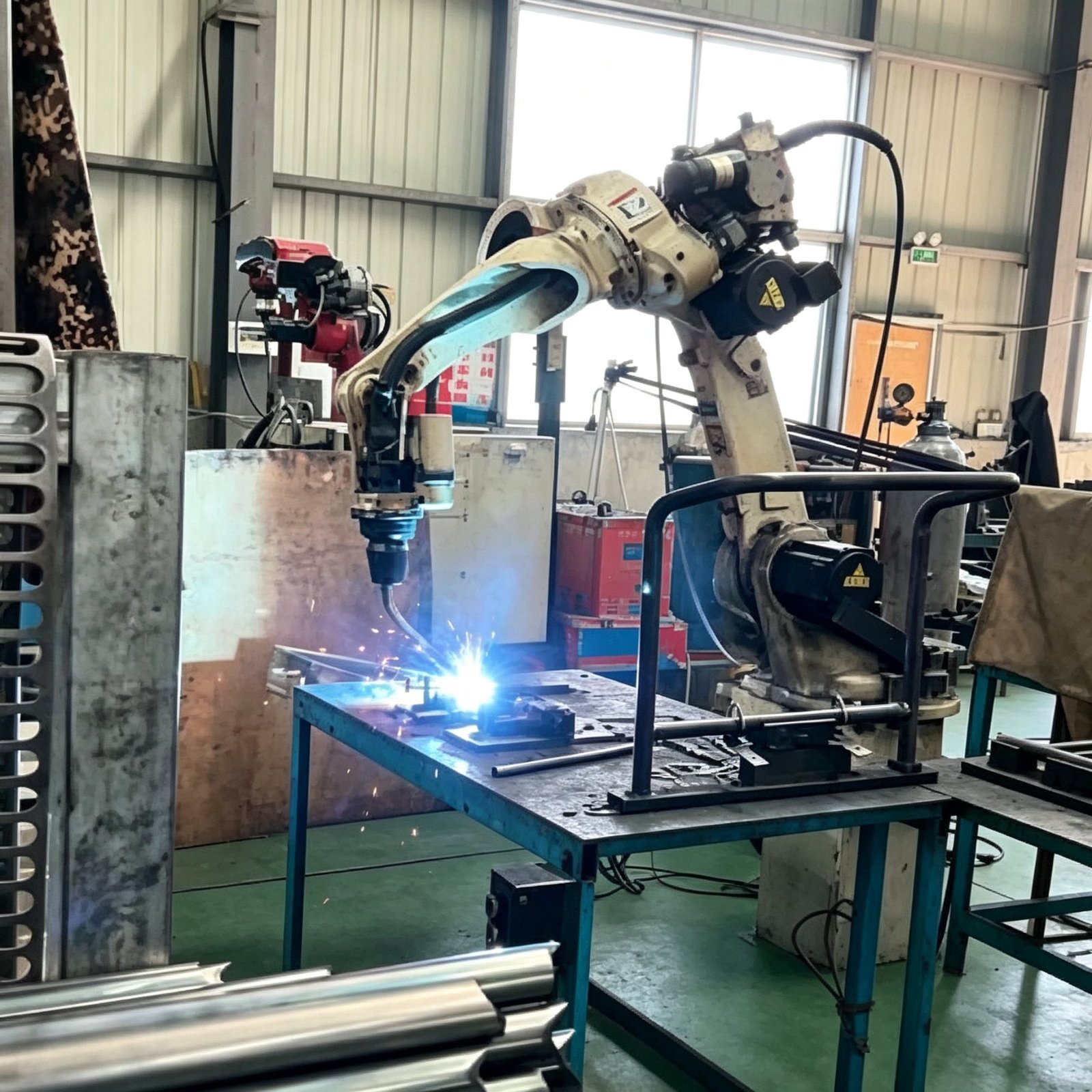 Robotic welding cell operating on metal frame components
