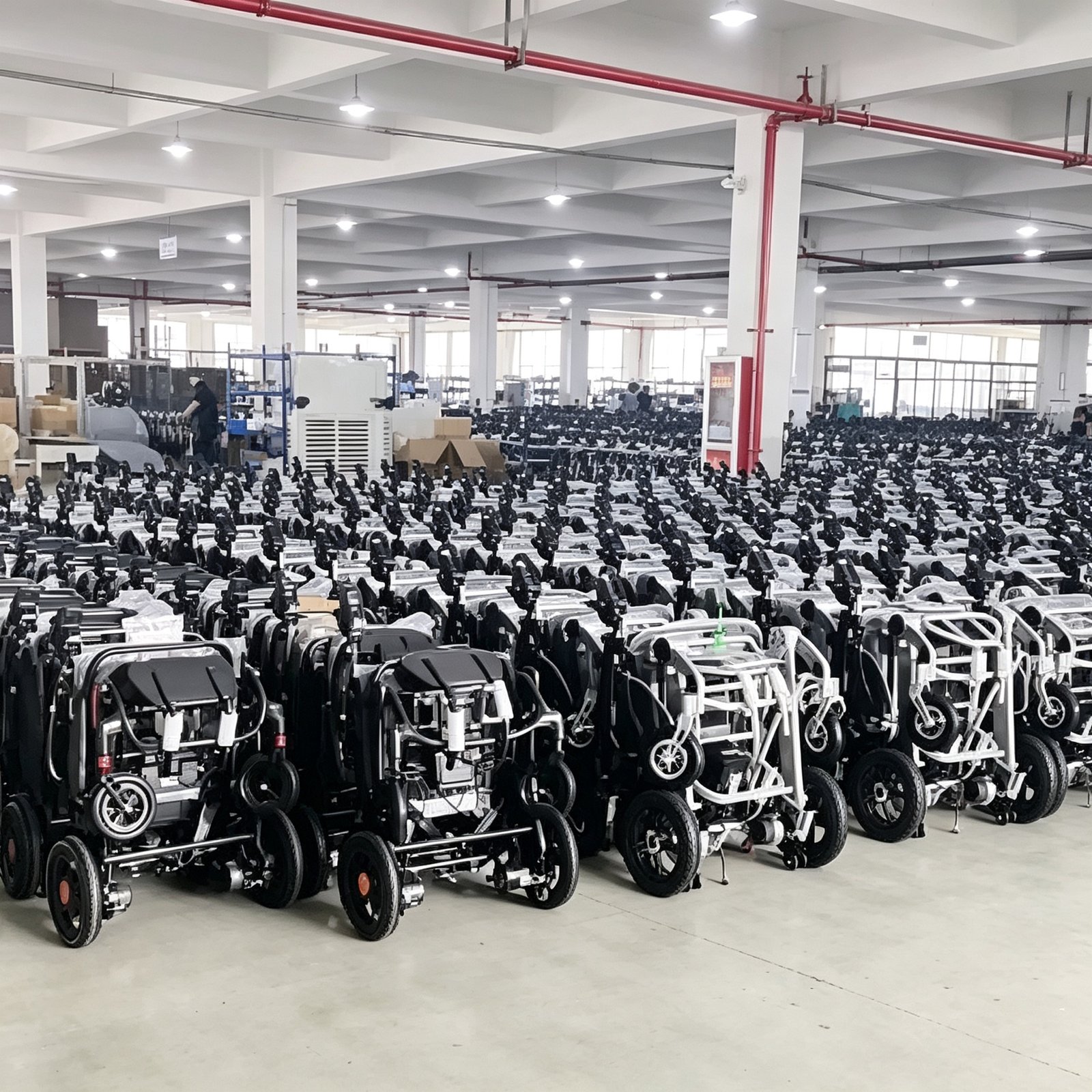 Hundreds of folded electric wheelchairs arranged in neat rows inside a large industrial warehouse with white pillars and red pipes.