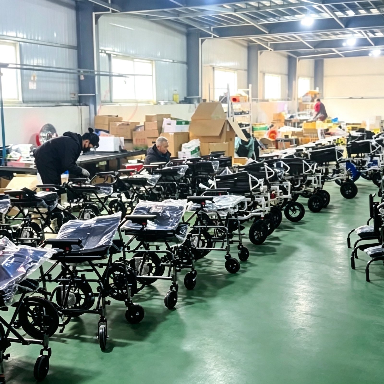 Rows of new wheelchairs with plastic-wrapped seats line a green factory floor while workers assemble units near stacks of cardboard boxes.