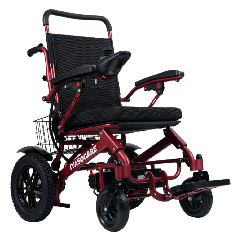 SANYANG foldable electric wheelchair in metallic burgundy red