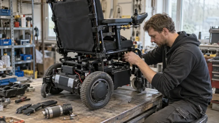 Technician inspecting exposed components of a black electric wheelchair on a workshop bench