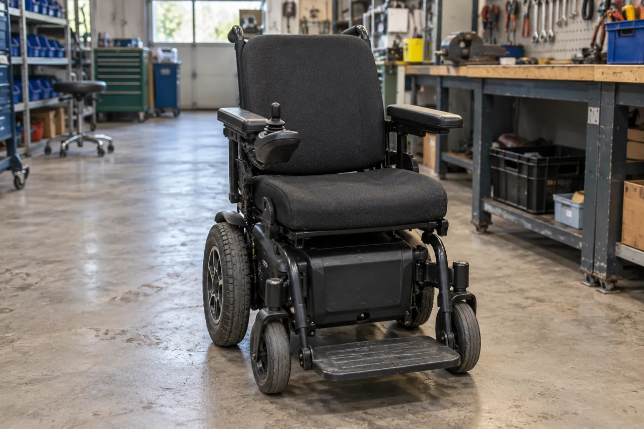 Front view of a black electric wheelchair showing its seat cushion, backrest, armrests, joystick and footplate