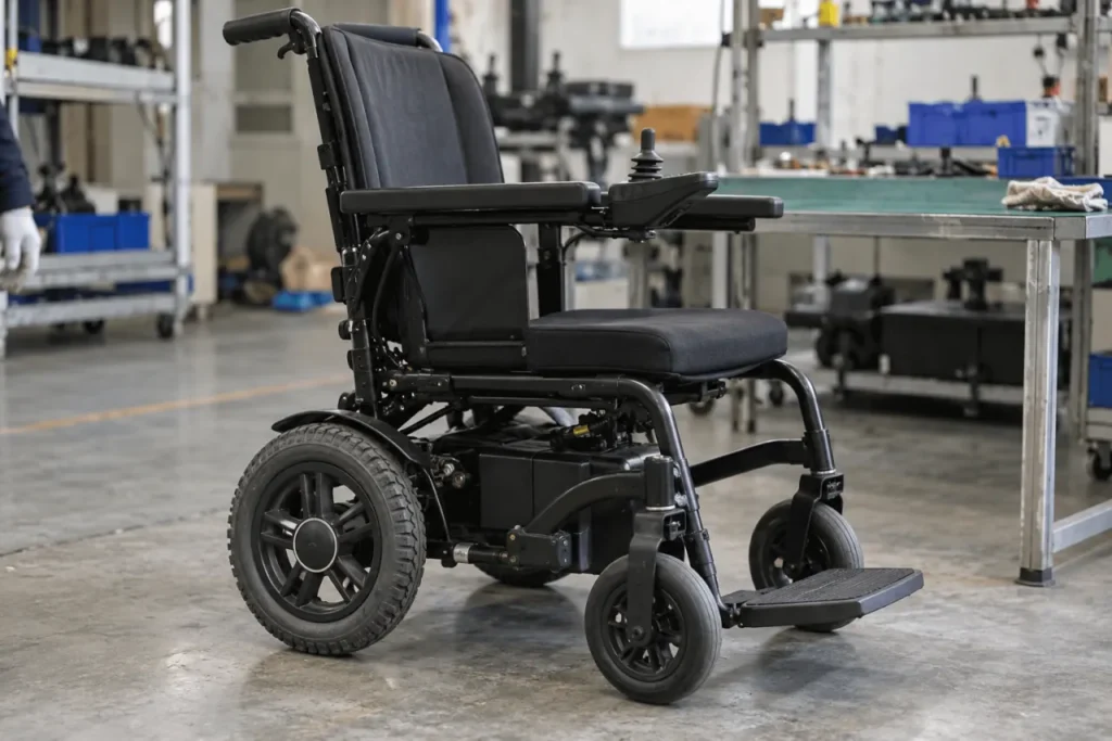 Vista lateral generada por IA de una silla de ruedas eléctrica genérica en un taller; no es un plano de especificaciones específico de un modelo.