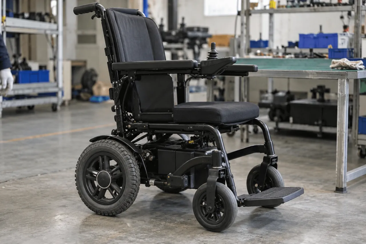 Side-front view of a black electric wheelchair showing its rear wheel, front casters, frame, armrests and footplate