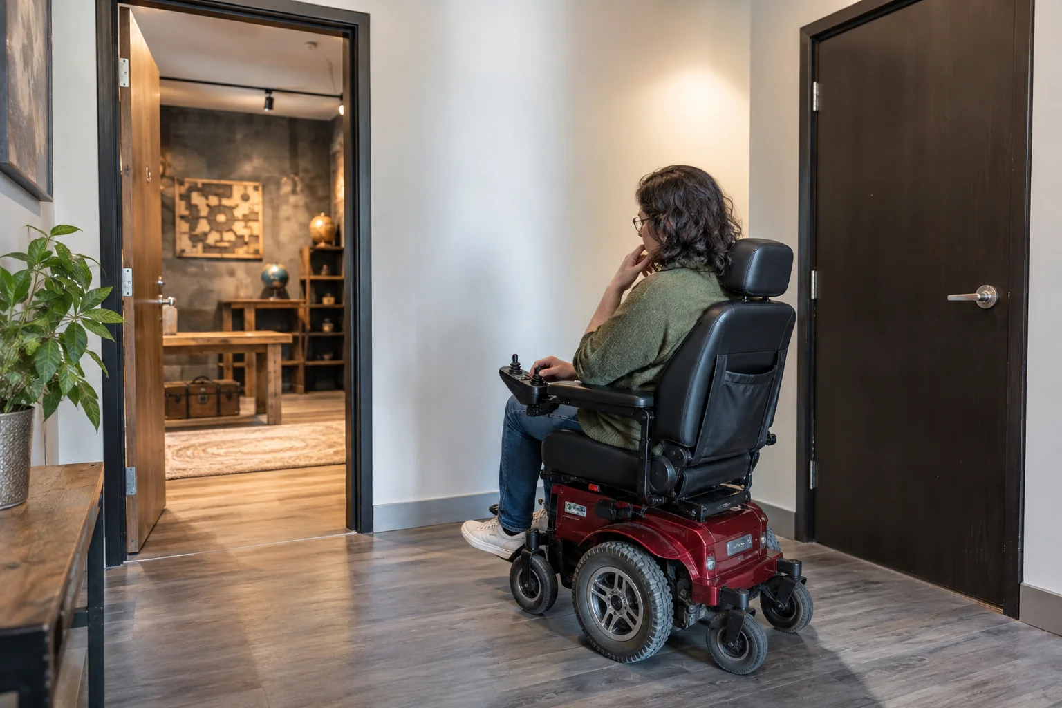 A person with dark curly hair and glasses sits in a red motorized wheelchair facing an open doorway, hand on chin in a thoughtful pose.