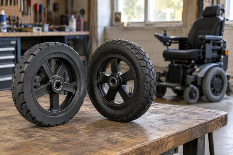 Two wheelchair tires with different tread patterns standing on a workshop bench with an electric wheelchair in the background