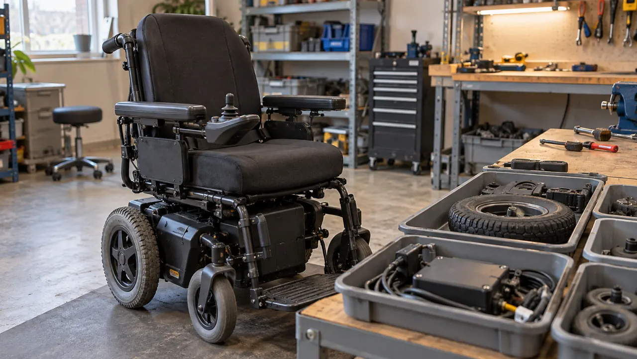 Black electric wheelchair beside trays containing replacement wheels, cables and other components in a workshop