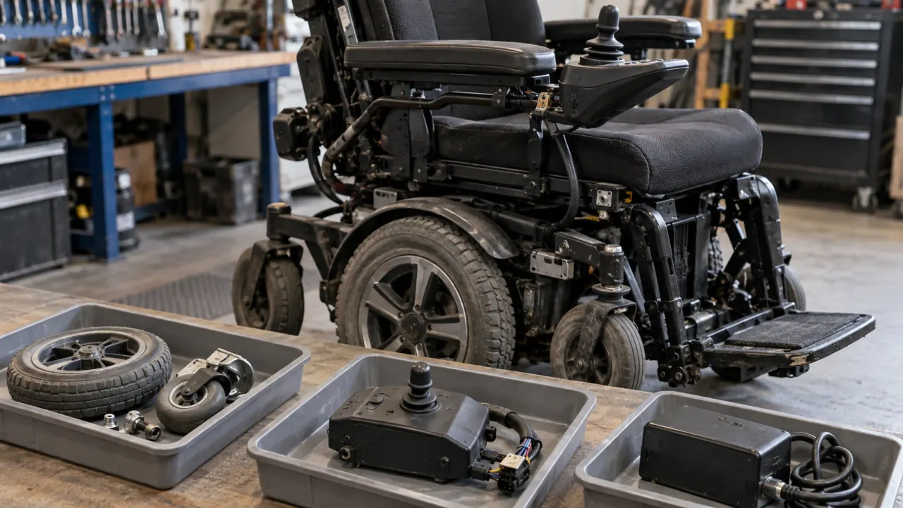 Electric wheelchair behind trays containing a joystick assembly, wheels and electronic components
