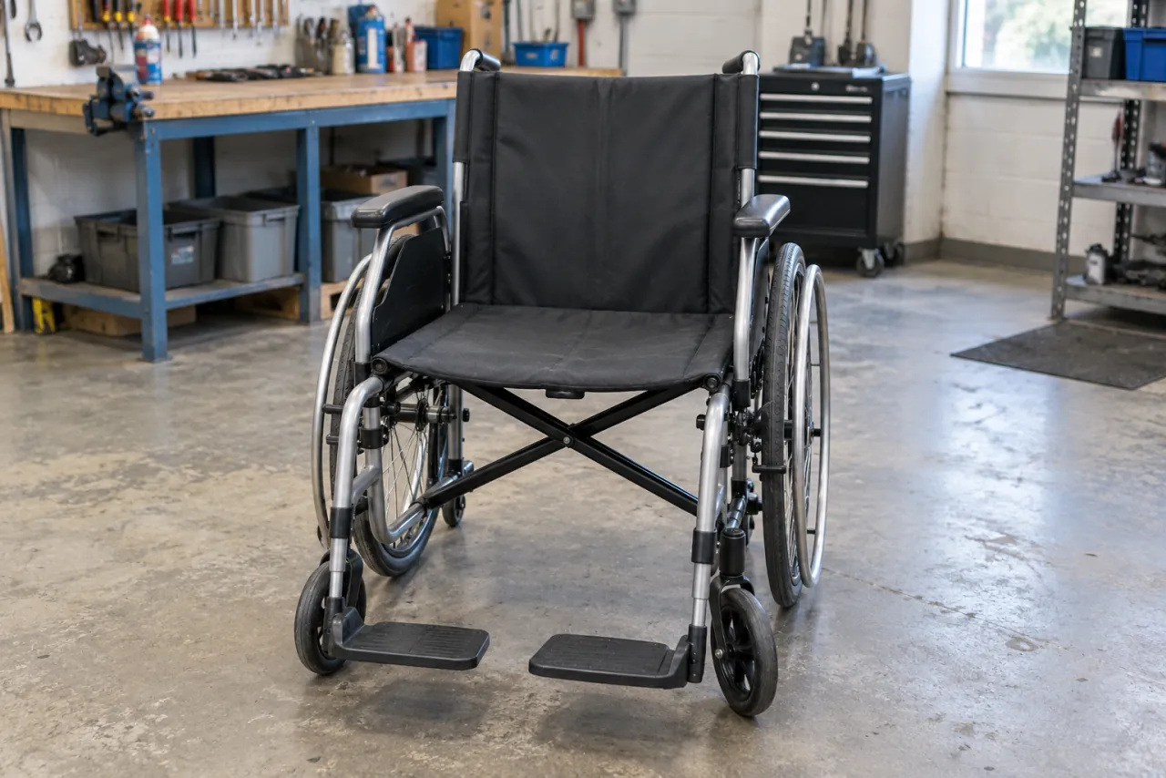 An empty black manual wheelchair with a silver frame sits on a concrete floor in a workshop, with tools and a workbench visible in the background.