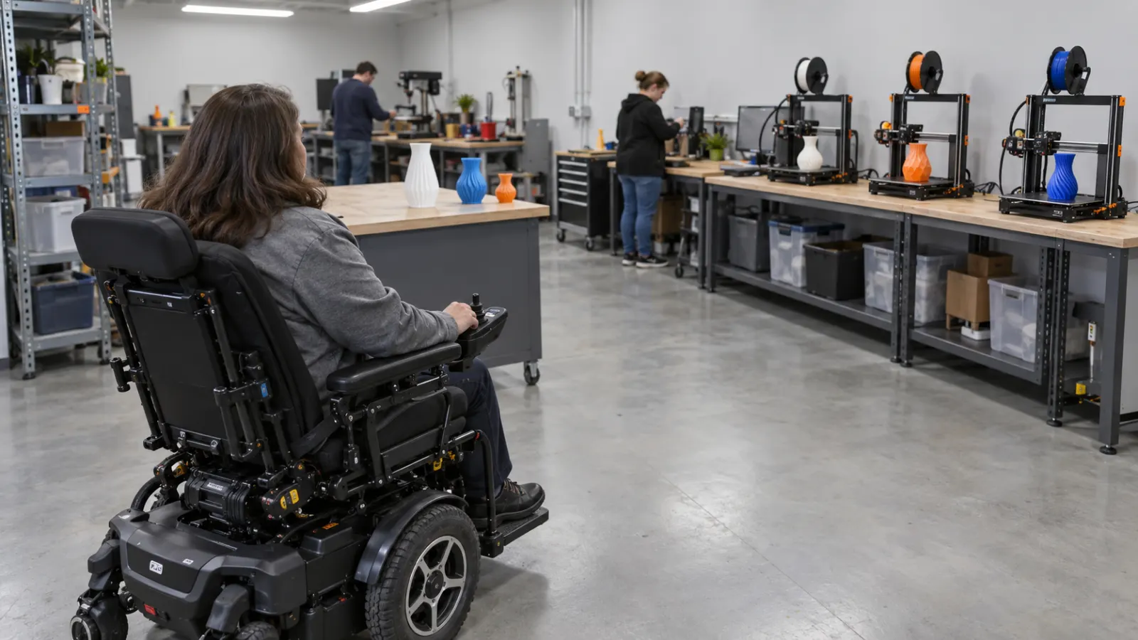 A power wheelchair user visits a shared 3D printing workshop.