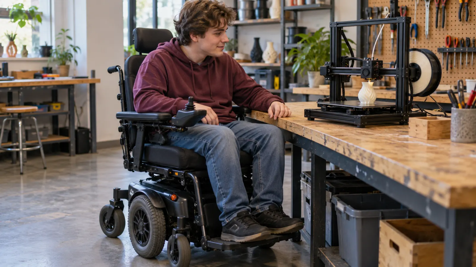A power wheelchair user checks a desktop 3D printer.