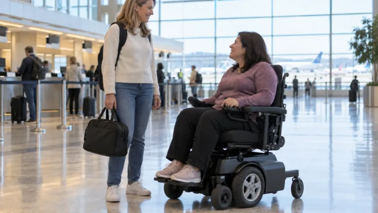 Woman in a power wheelchair talking with a standing companion carrying a travel bag in an airport terminal