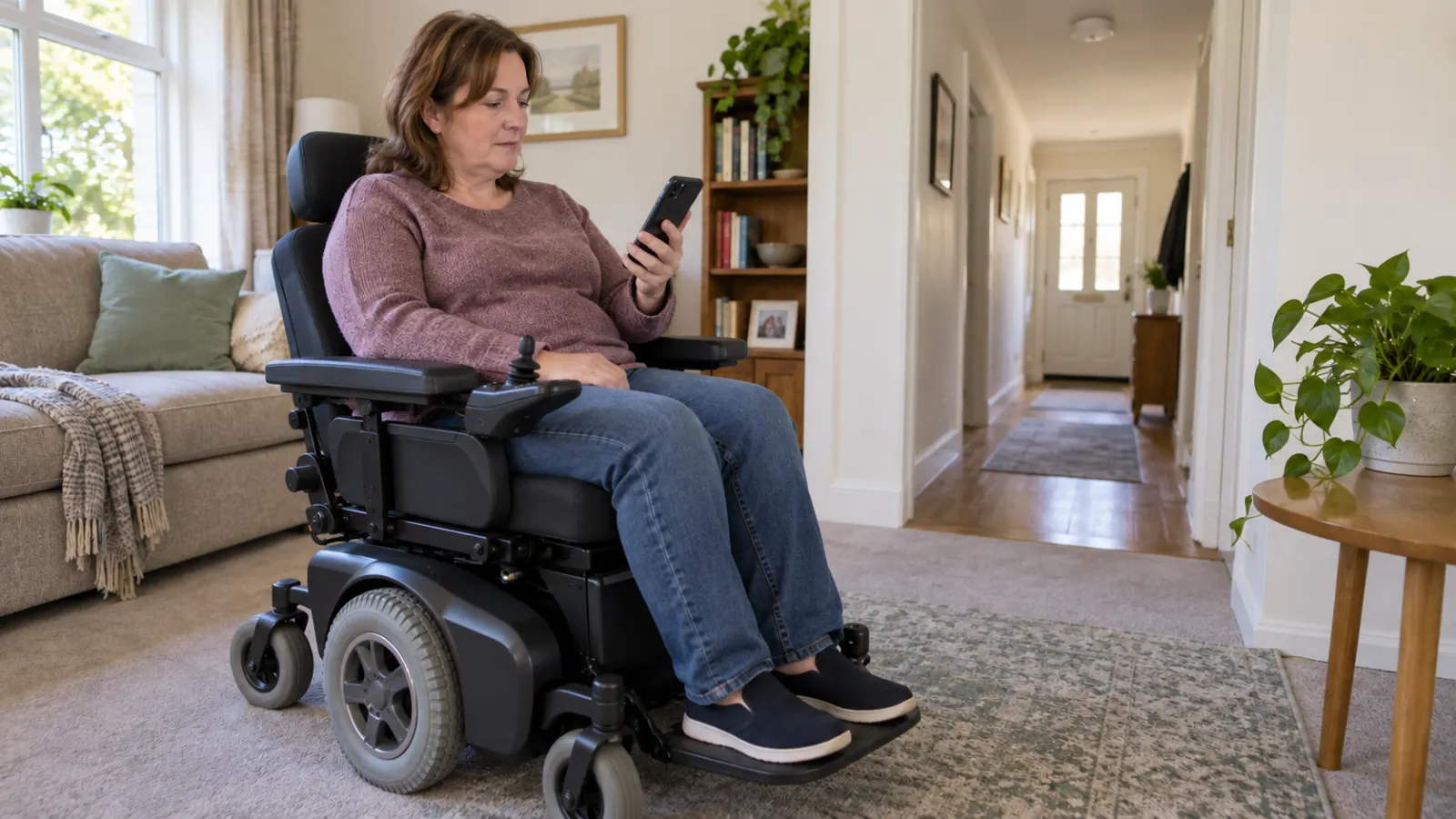 A power wheelchair user checks a phone in a home.