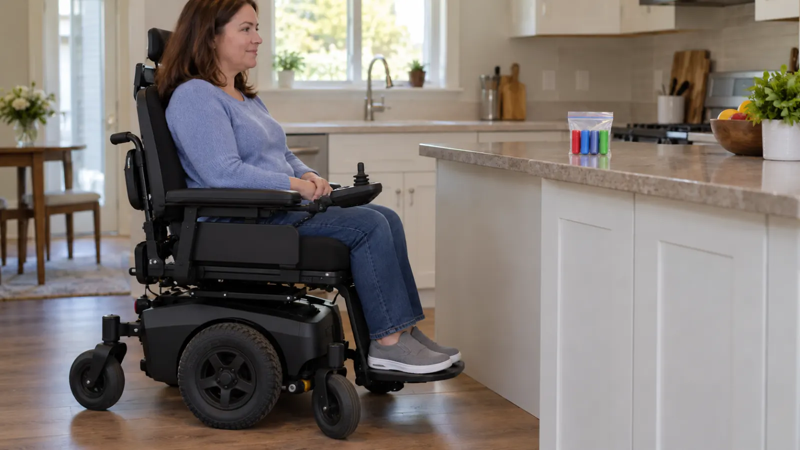 Woman in a power wheelchair beside a kitchen counter holding a clear bag with small colorful batteries