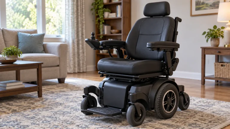 Black electric power wheelchair with joystick controls in a furnished living room