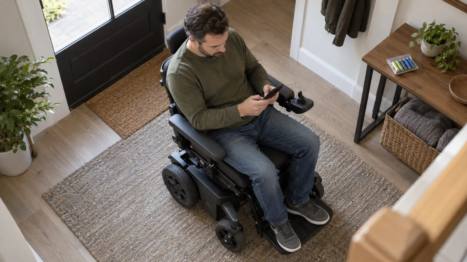 Man in a power wheelchair checking his smartphone near a table with household batteries in a home entryway