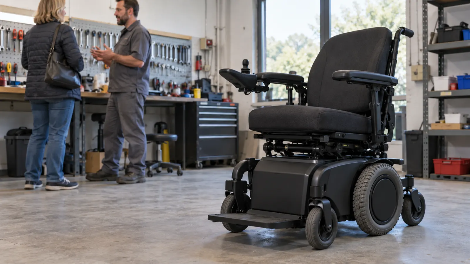 Black electric power wheelchair in a repair workshop while two people speak near a workbench