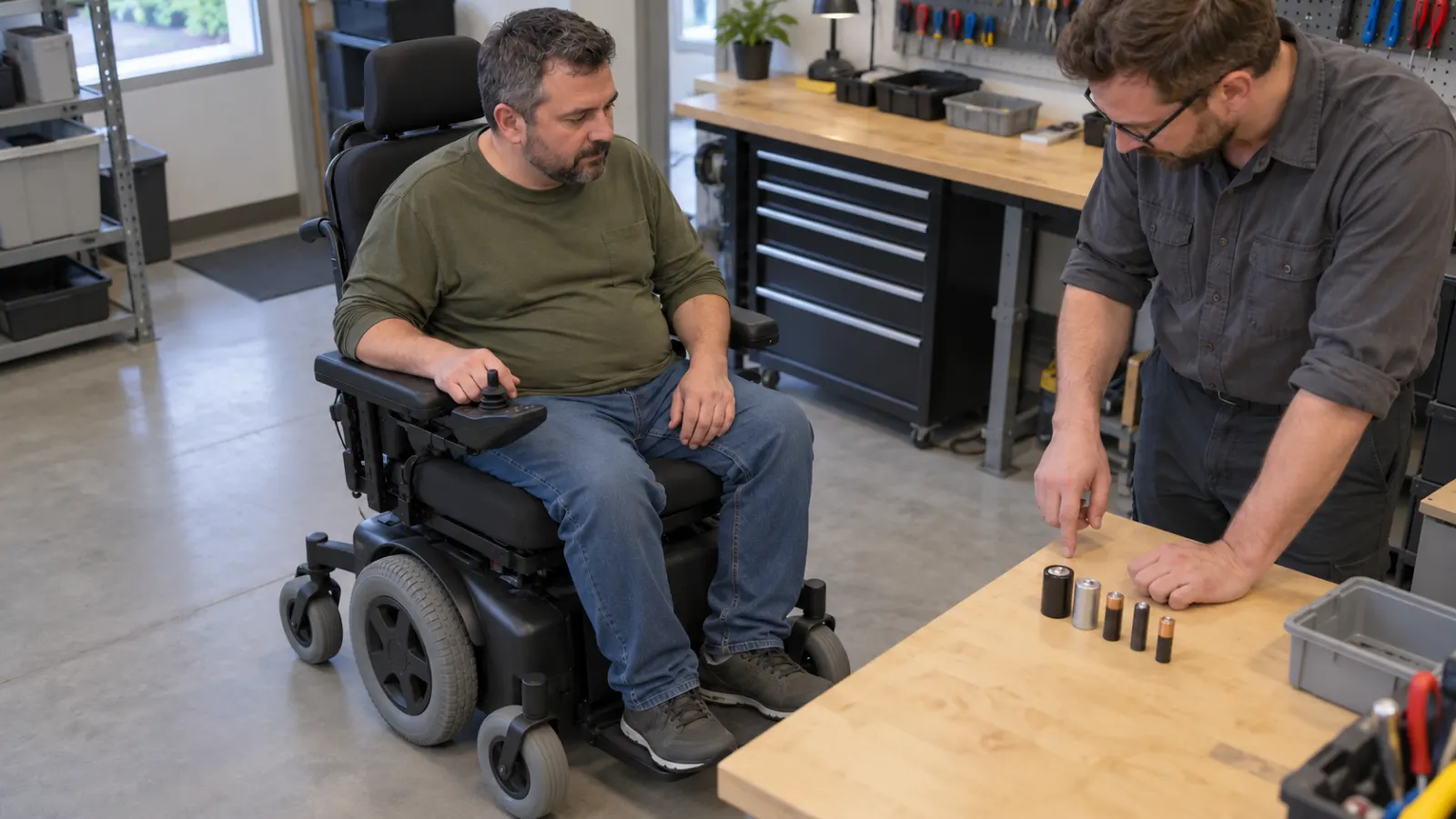 Man in a power wheelchair and a worker examining different sizes of household batteries on a workshop table