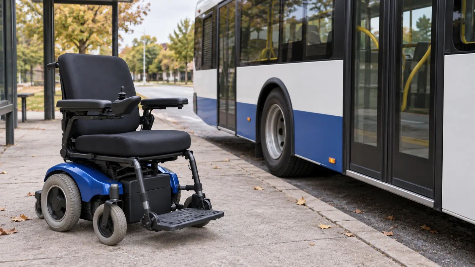 Blue power wheelchair with joystick controls beside a parked city bus