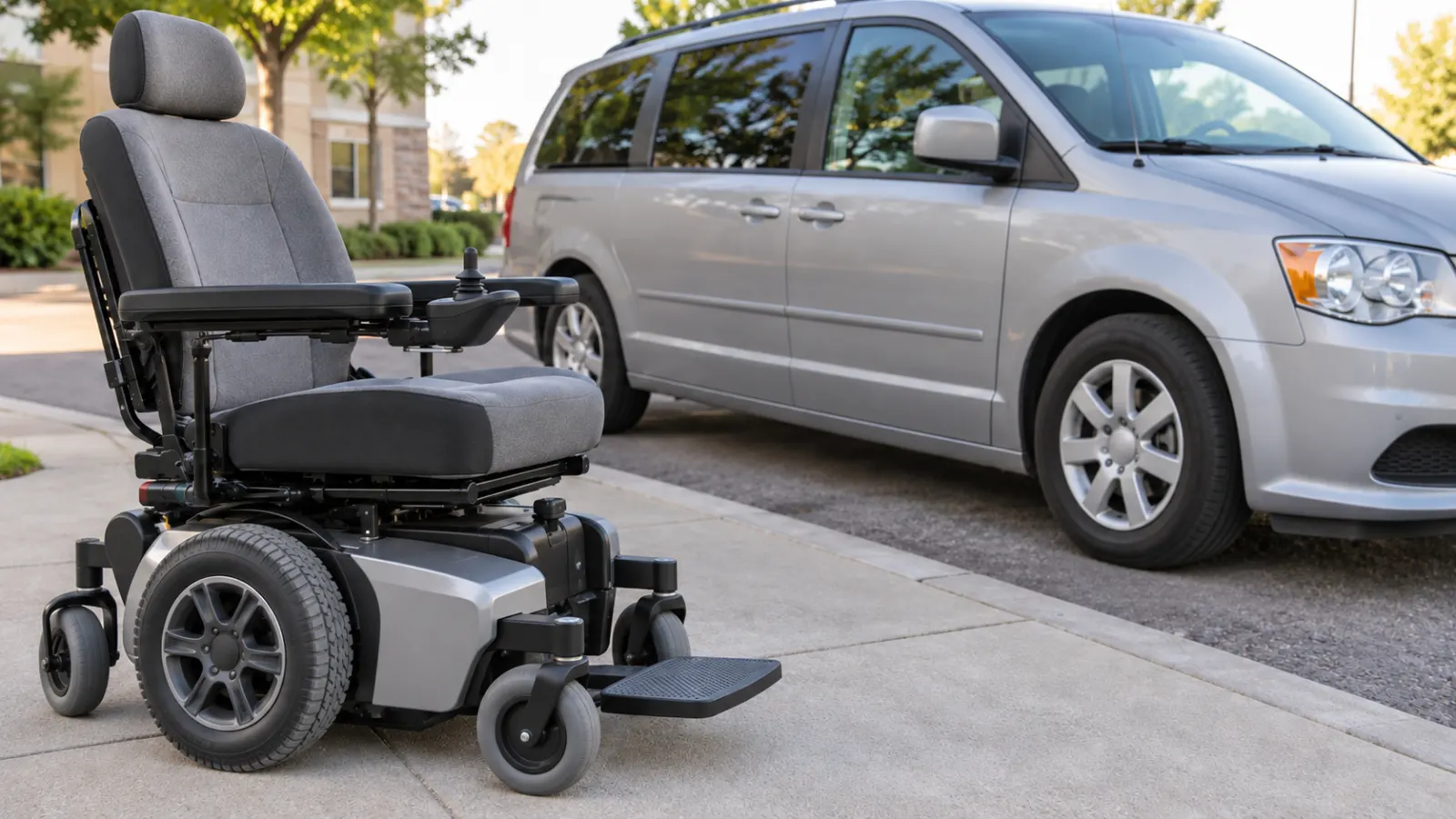 Gray power wheelchair on a sidewalk beside a parked silver minivan.