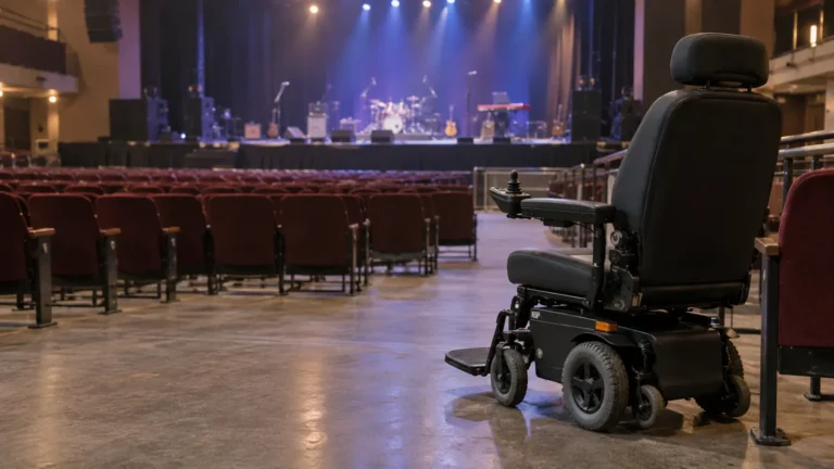 Silla de ruedas motorizada negra colocada en un pasillo accesible junto a filas de asientos rojos de teatro, orientada hacia un escenario distante con instrumentos musicales e iluminación azul.