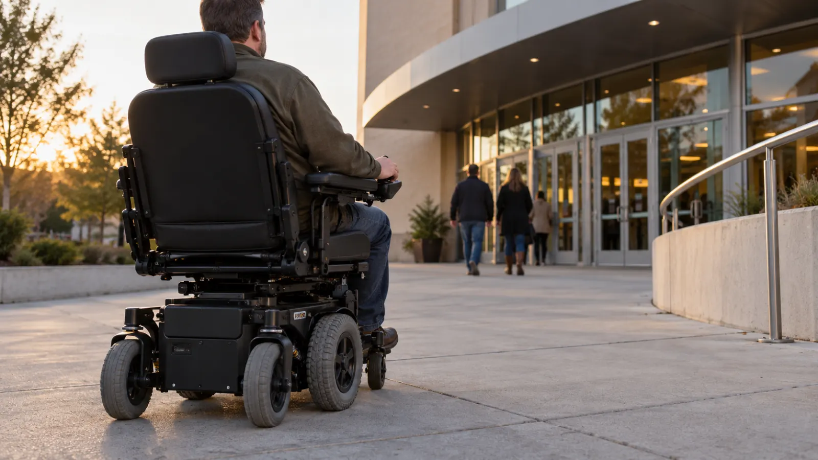 A power wheelchair user approaches a venue entrance.