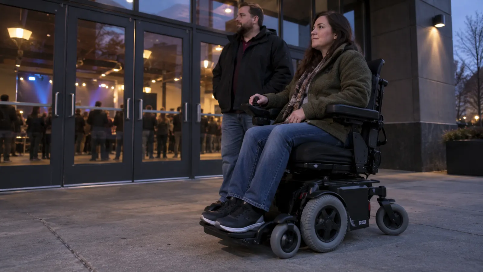 A power wheelchair user waits with a companion outside glass venue doors.