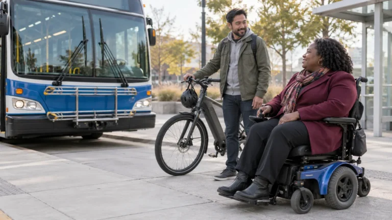 Un hombre que sostiene una bicicleta eléctrica está de pie junto a una mujer en una silla de ruedas motorizada mientras esperan en una acera cerca de un autobús público azul y blanco.