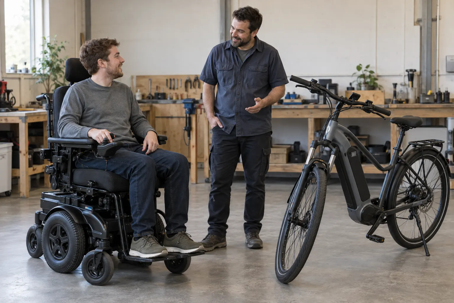 A power wheelchair user and technician talk beside an e-bike in a workshop.