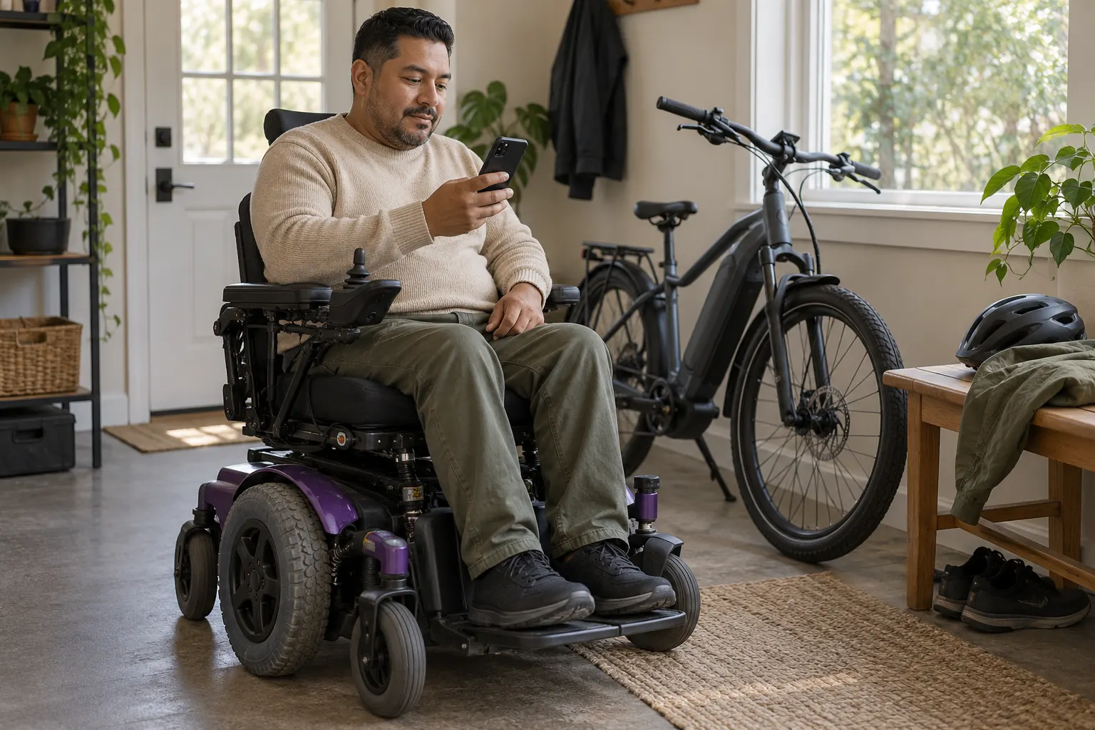 A power wheelchair user looks at a phone with an e-bike parked nearby.