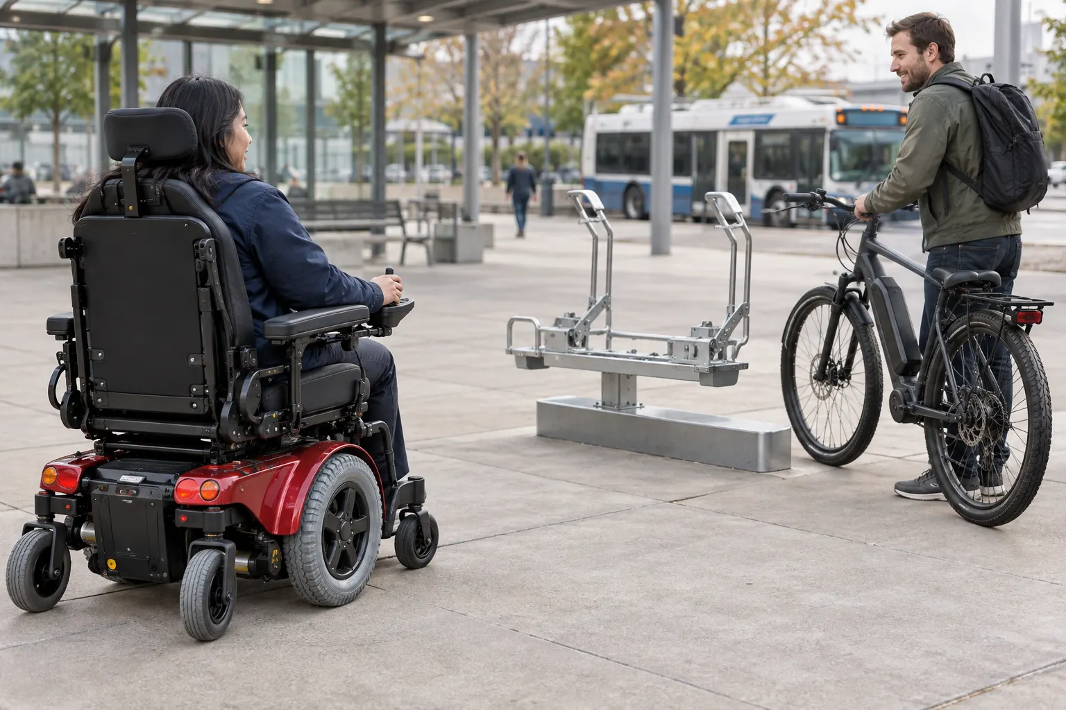 A power wheelchair user waits beside an e-bike rider and an empty bicycle rack.