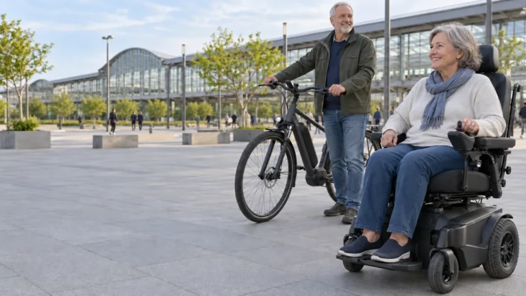 Power wheelchair user with a companion holding an e-bike in a plaza outside a glass-fronted building.