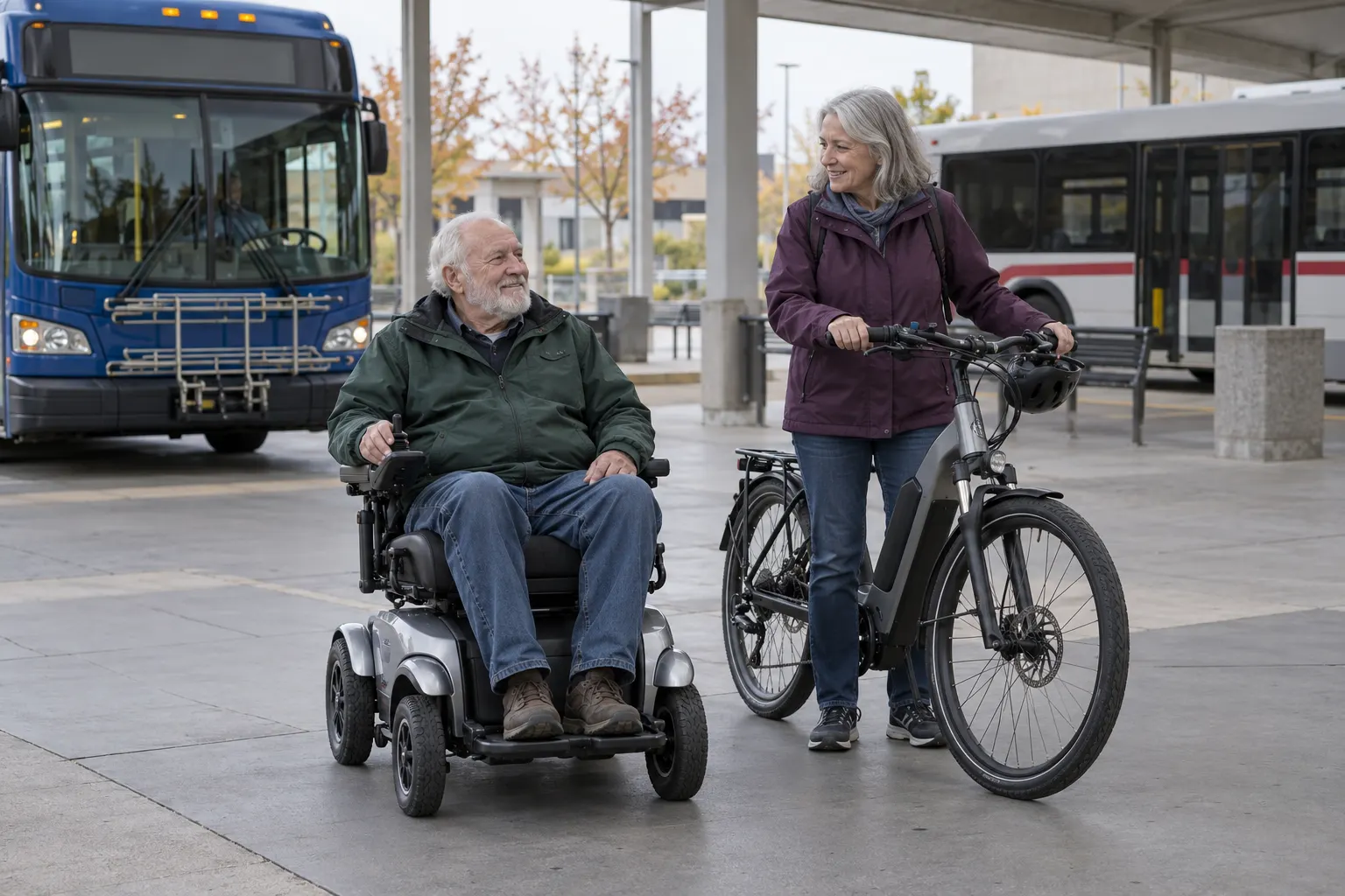 A power wheelchair user and an e-bike rider wait at a bus terminal.