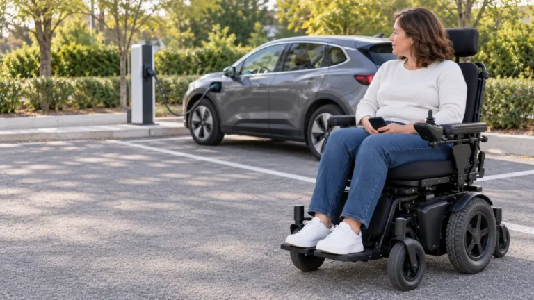 Power wheelchair user holding a phone beside a gray electric SUV and an outdoor charging station.