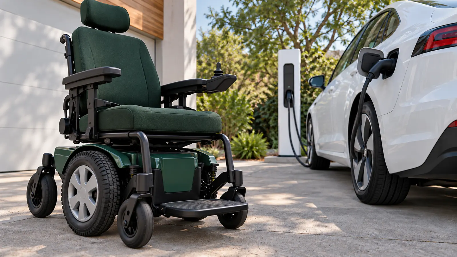 Green power wheelchair beside a white electric car connected to a charging pedestal.