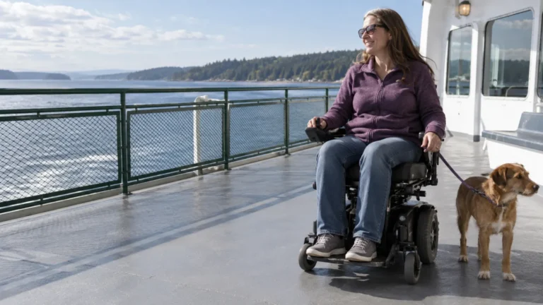 Woman in a power wheelchair with a leashed brown dog on an outdoor ferry deck overlooking the water