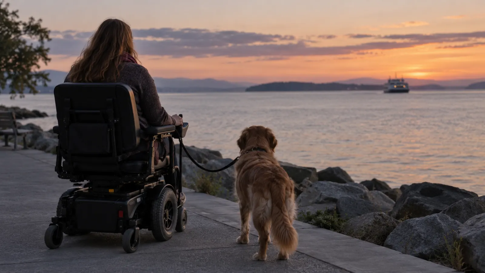 Mujer en una silla de ruedas eléctrica junto a un perro de color dorado con correa que observa un ferry en el agua al atardecer