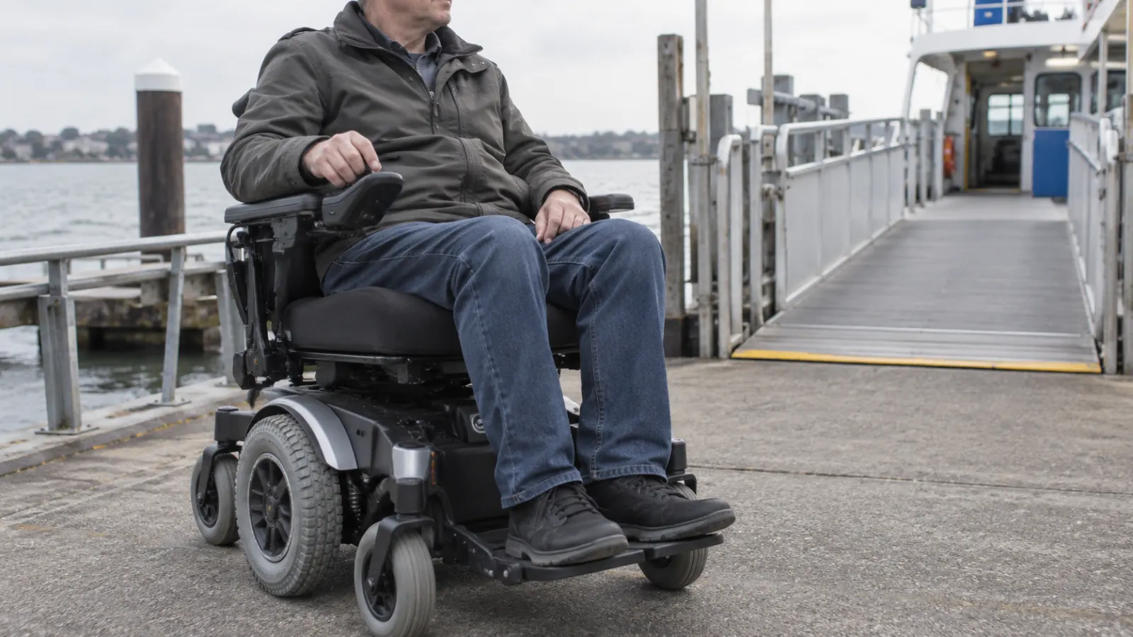 Hombre usando una silla de ruedas eléctrica cerca de una pasarela de embarque de ferry en una terminal frente al mar