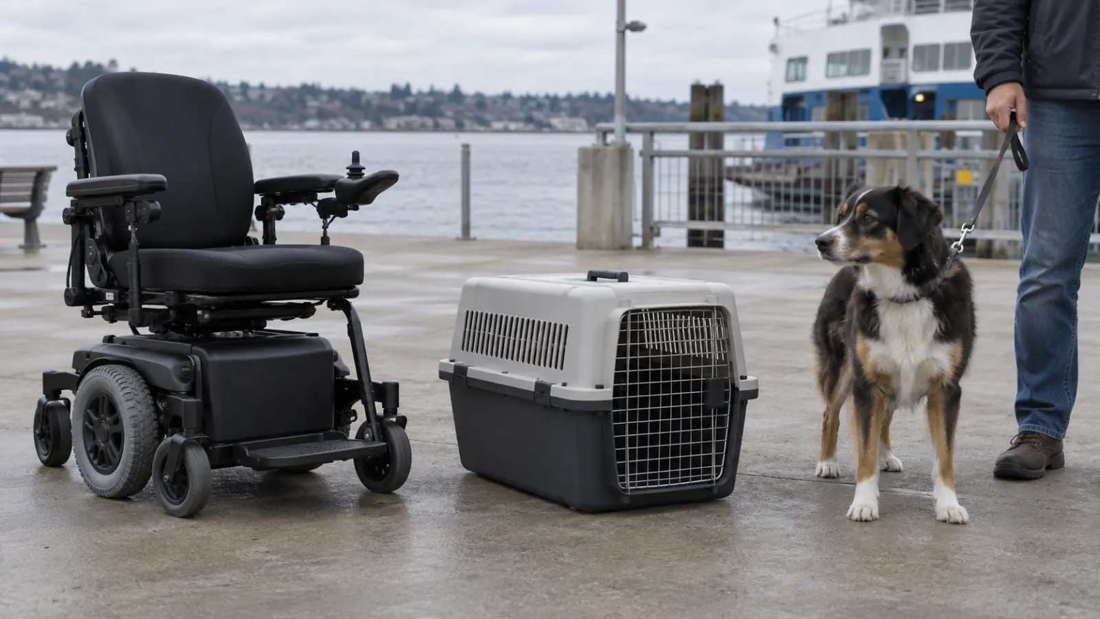Silla de ruedas eléctrica negra junto a un transportín de mascotas cerrado y un perro con correa cerca de una terminal de ferry en el paseo marítimo
